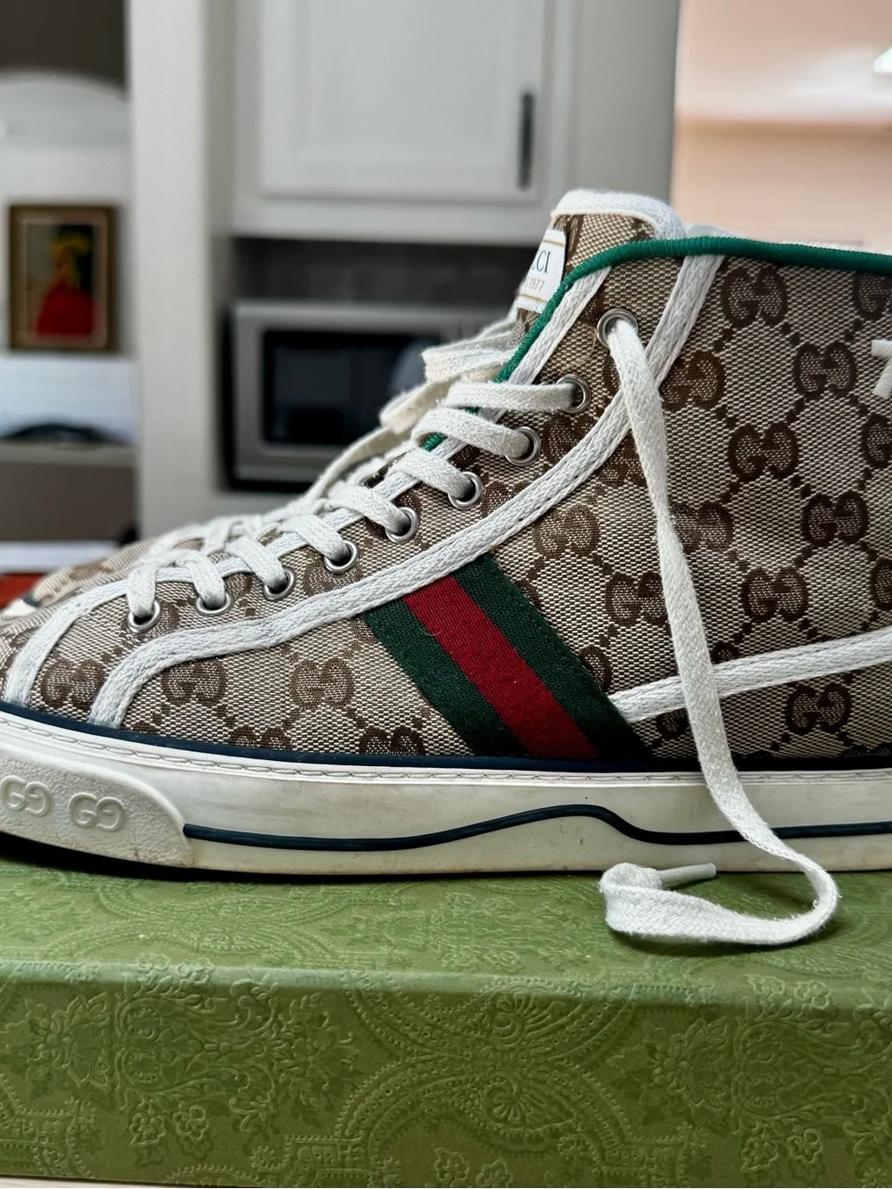 Gucci Beige GG Canvas High-Top Sneakers with Green and Red Web